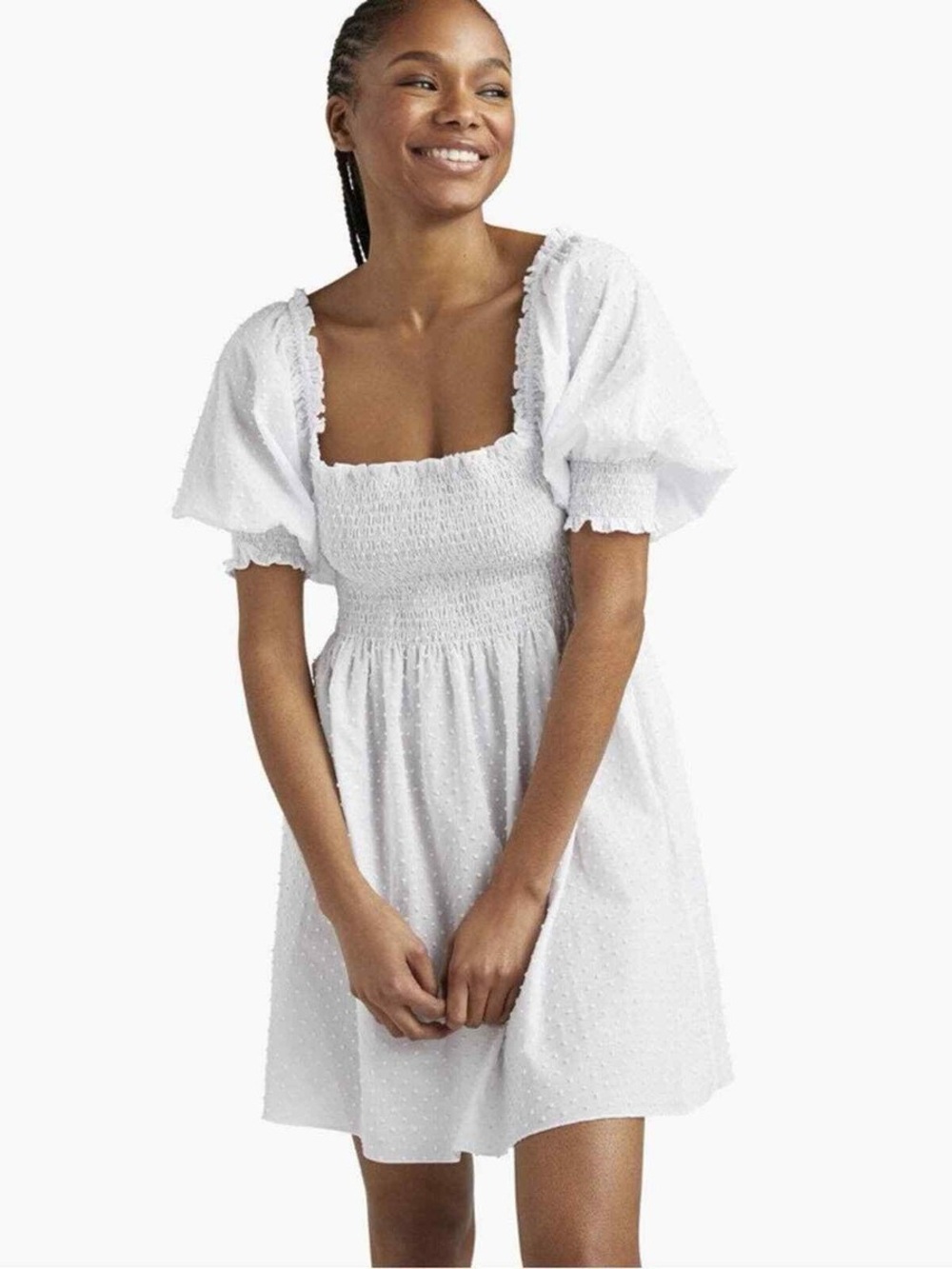 Hill House Smocked Puff Sleeve Square Neck Swiss Dot Cotton White Mini Dress XL